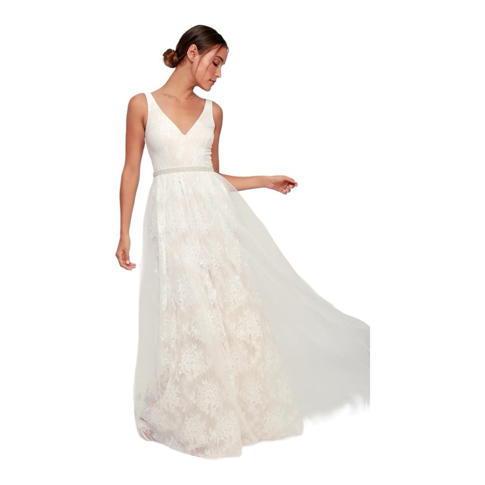 Lulus Sweet Love Ivory Lace Beaded Tule Maxi Wedding Dress Size XL